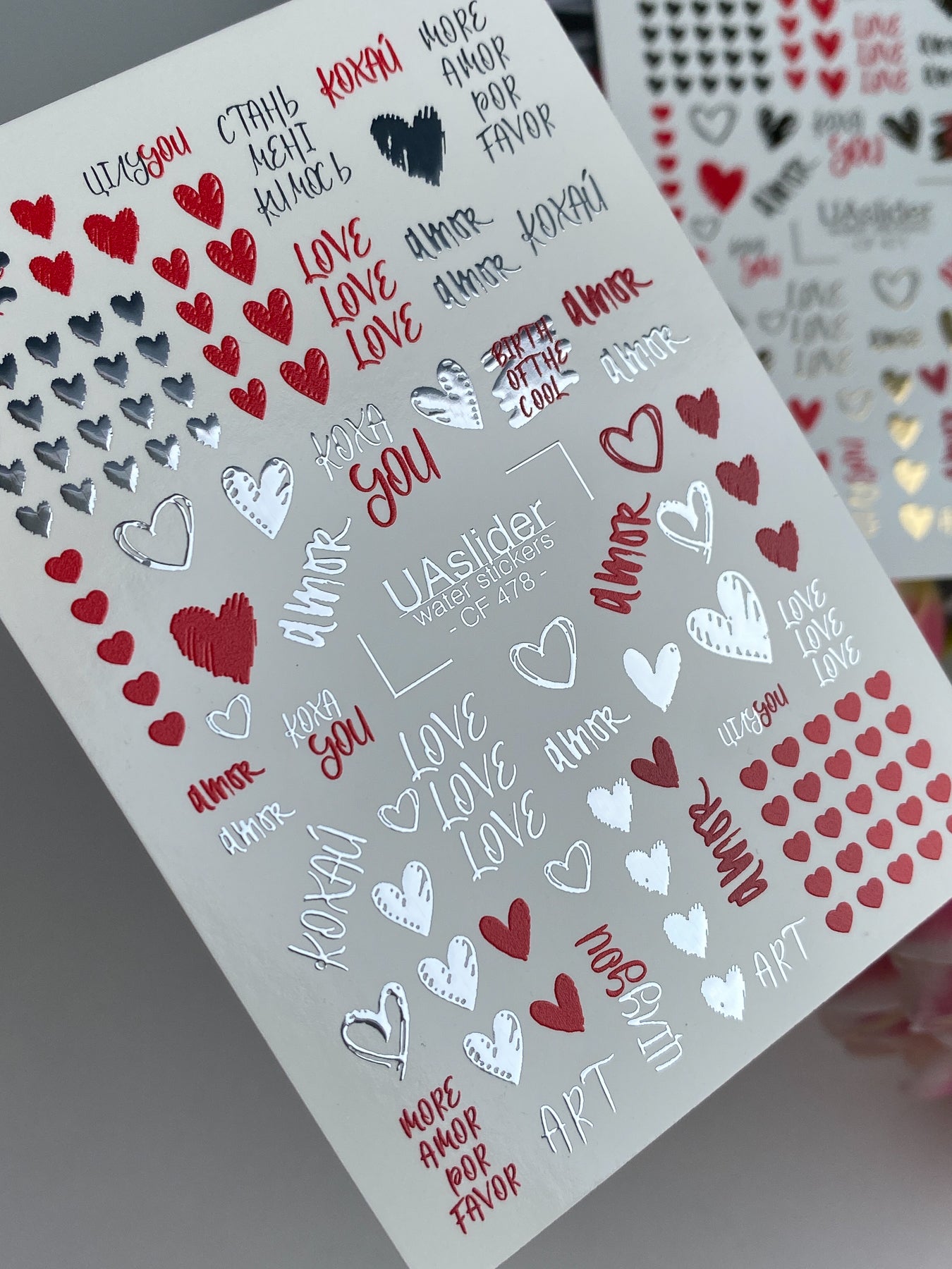 Nail Water Decal CF-478 | Love Nail Water Decals | Red, Black & Silver Hearts with Quotes - UASLIDER