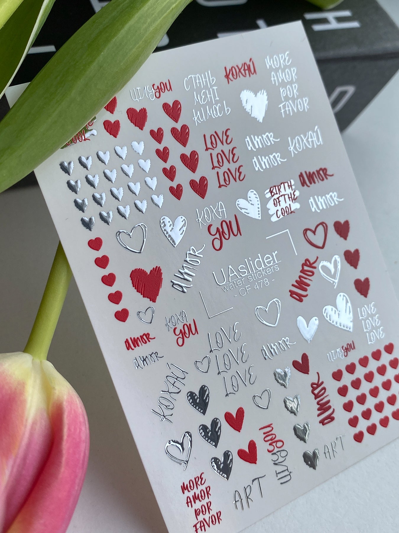 Nail Water Decal CF-478 | Love Nail Water Decals | Red, Black & Silver Hearts with Quotes - UASLIDER