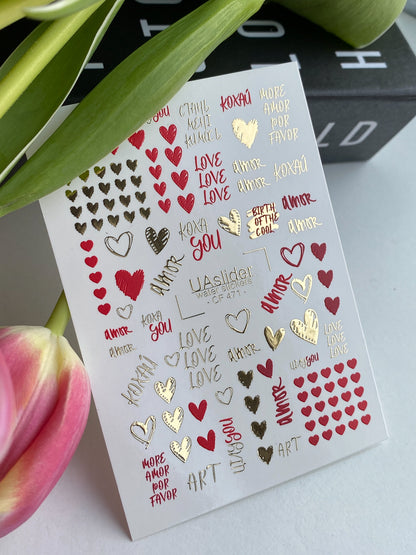 Nail Water Decal CF-478 | Love Nail Water Decals | Red, Black & Silver Hearts with Quotes