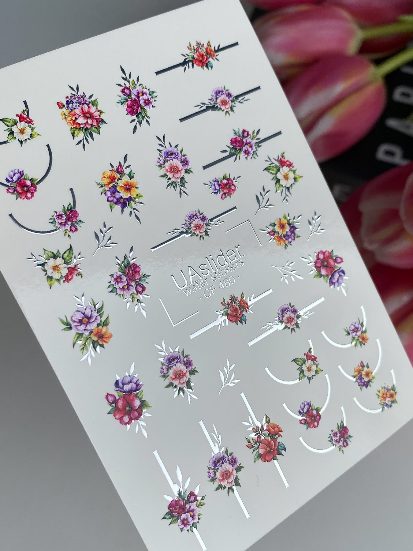 Nail Water Decal CF-480 | Colorful Floral Nail Water Decals | Bright Flowers with Minimalist Lines