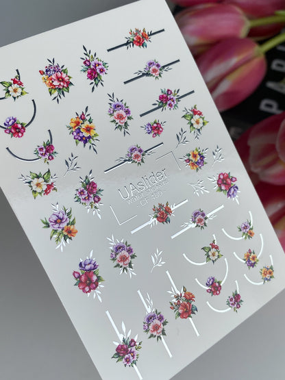 Nail Water Decal CF-480 | Colorful Floral Nail Water Decals | Bright Flowers with Minimalist Lines