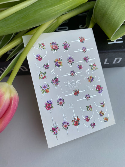 Nail Water Decal CF-480 | Colorful Floral Nail Water Decals | Bright Flowers with Minimalist Lines