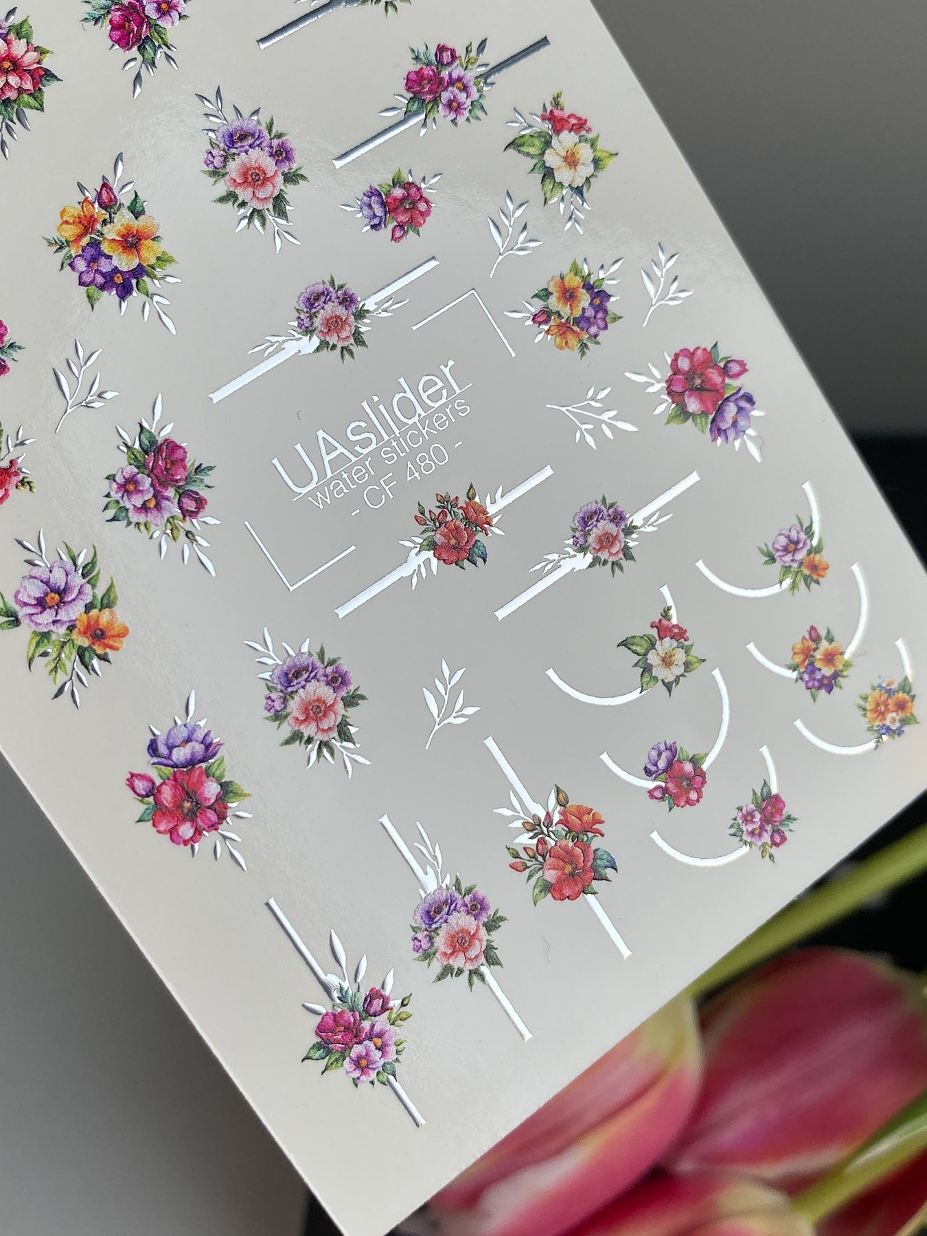 Nail Water Decal CF-480 | Colorful Floral Nail Water Decals | Bright Flowers with Minimalist Lines - UASLIDER