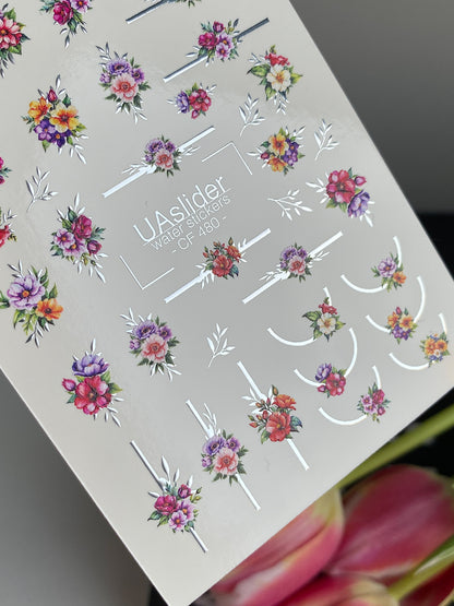 Nail Water Decal CF-480 | Colorful Floral Nail Water Decals | Bright Flowers with Minimalist Lines