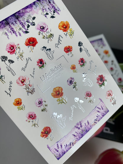 Nail Water Decal CF-482 | Poppy Flower Nail Water Decals | Bright Red, Pink & Purple Poppies