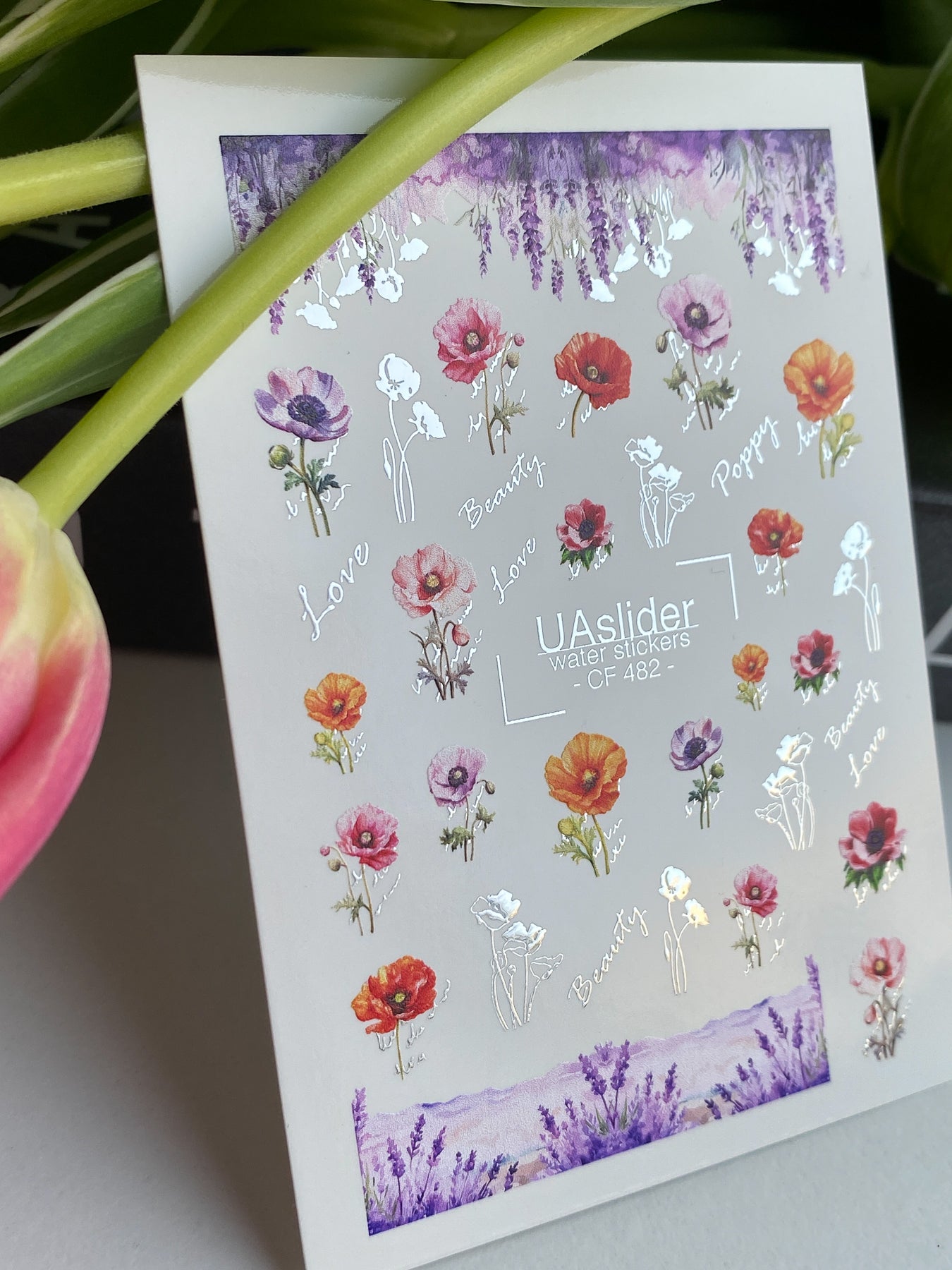 Nail Water Decal CF-482 | Poppy Flower Nail Water Decals | Bright Red, Pink & Purple Poppies - UASLIDER