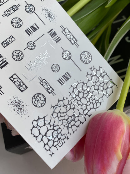 Nálepka na nehty CF-483 | Stříbrné geometrické nálepky na nehty | Abstraktní mozaikové a mřížkové vzory