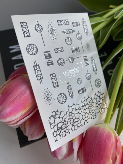 Nálepka na nehty CF-483 | Stříbrné geometrické nálepky na nehty | Abstraktní mozaikové a mřížkové vzory