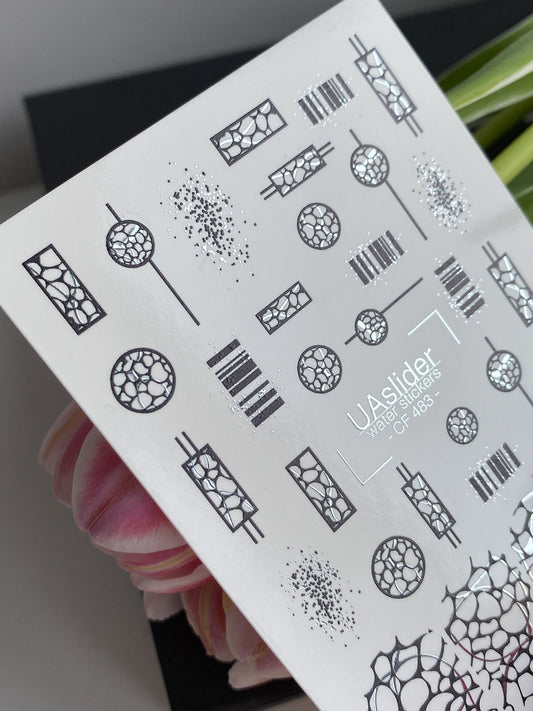 Nail Water Decal CF-483 | Silver Geometric Nail Water Decals | Abstract Mosaic & Grid Patterns
