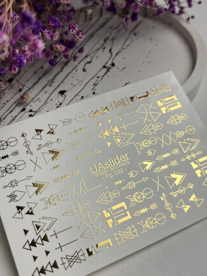 Nail Water Decal Fg-032 | Geometric Water Slide Nail Decals with Gold Foil | Minimalist Abstract Nail Art