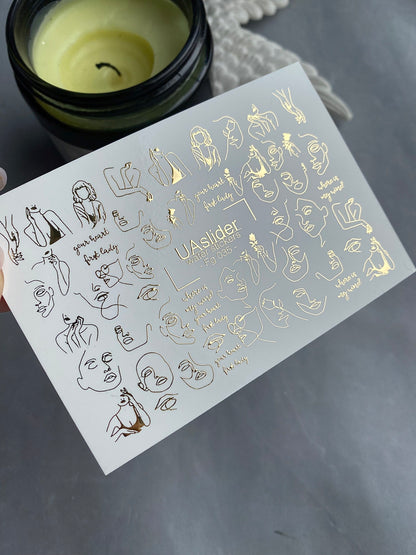 Nail Water Decal Fg-035 | Abstract Faces Nail Water Decals with Gold Line Art | Minimalist Modern Nail Tattoos