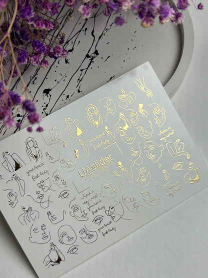 Nail Water Decal Fg-035 | Abstract Faces Nail Water Decals with Gold Line Art | Minimalist Modern Nail Tattoos