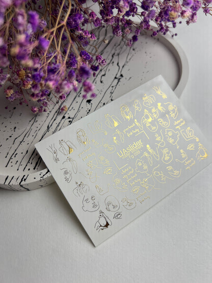 Nail Water Decal Fg-035 | Abstract Faces Nail Water Decals with Gold Line Art | Minimalist Modern Nail Tattoos