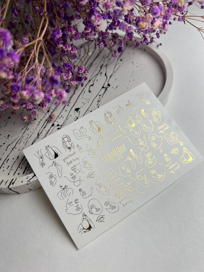 Nail Water Decal Fg-035 | Abstract Faces Nail Water Decals with Gold Line Art | Minimalist Modern Nail Tattoos