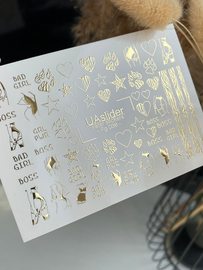 Nail Water Decal Fg-038 | Gold Water Slide Nail Decals with Boss & Girl Power Motifs | Bold Feminine Nail Art