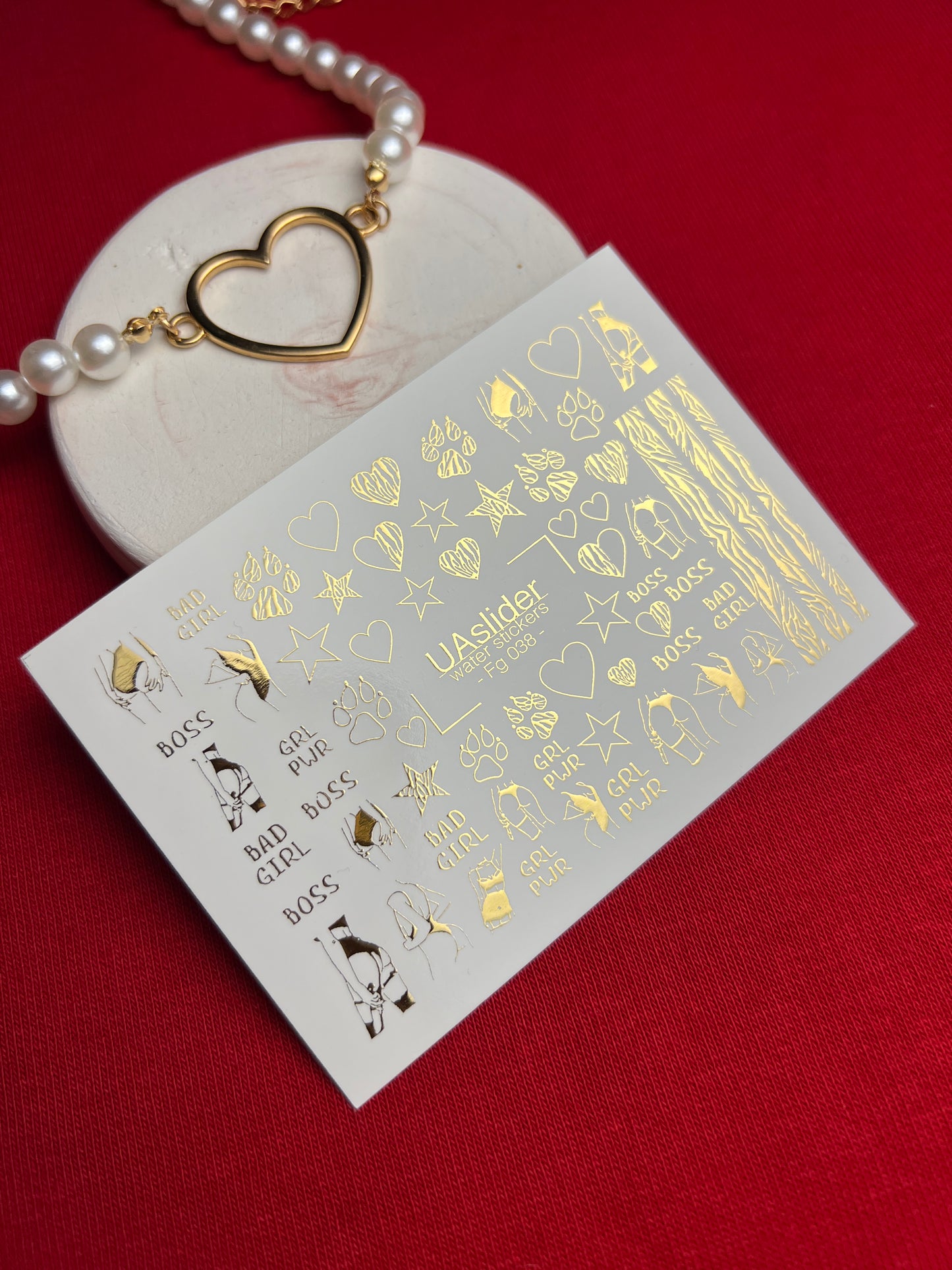 Nail Water Decal Fg-038 | Gold Water Slide Nail Decals with Boss & Girl Power Motifs | Bold Feminine Nail Art