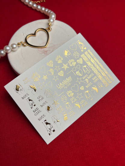 Nail Water Decal Fg-038 | Gold Water Slide Nail Decals with Boss & Girl Power Motifs | Bold Feminine Nail Art