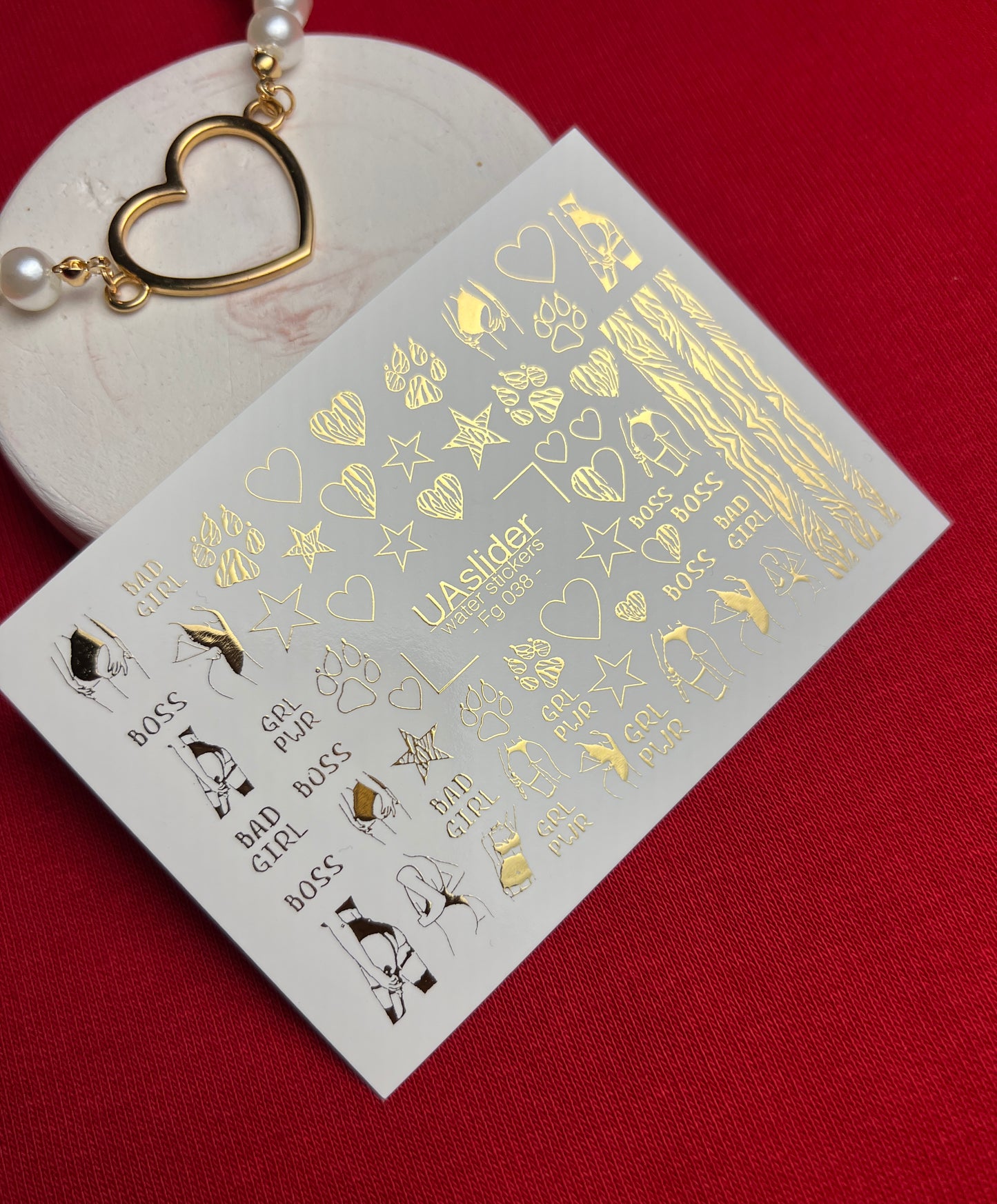 Nail Water Decal Fg-038 | Gold Water Slide Nail Decals with Boss & Girl Power Motifs | Bold Feminine Nail Art