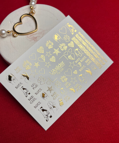 Nail Water Decal Fg-038 | Gold Water Slide Nail Decals with Boss & Girl Power Motifs | Bold Feminine Nail Art