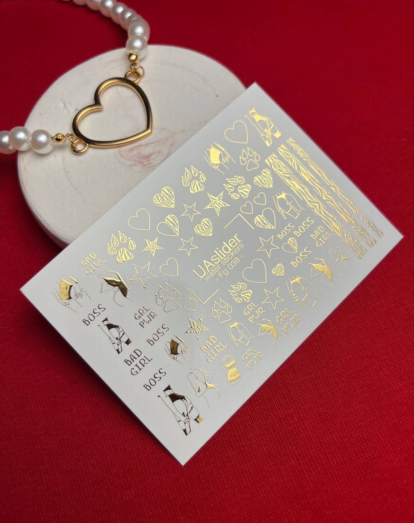 Nail Water Decal Fg-038 | Gold Water Slide Nail Decals with Boss & Girl Power Motifs | Bold Feminine Nail Art