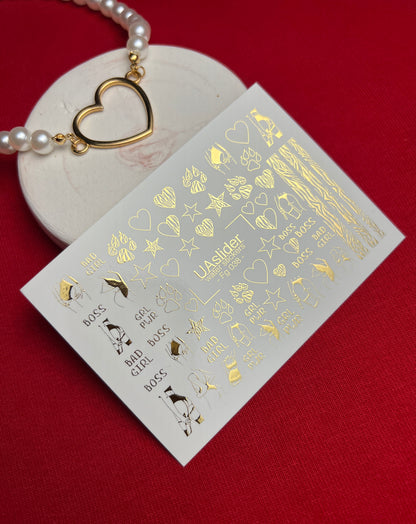 Nail Water Decal Fg-038 | Gold Water Slide Nail Decals with Boss & Girl Power Motifs | Bold Feminine Nail Art