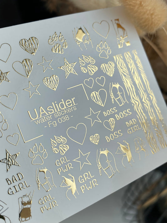 Nail Water Decal Fg-038 | Gold Water Slide Nail Decals with Boss & Girl Power Motifs | Bold Feminine Nail Art