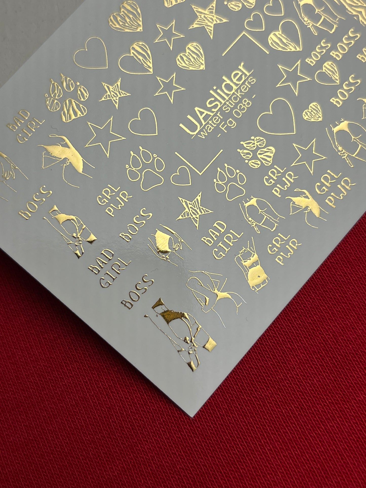 Nail Water Decal Fg-038 | Gold Water Slide Nail Decals with Boss & Girl Power Motifs | Bold Feminine Nail Art