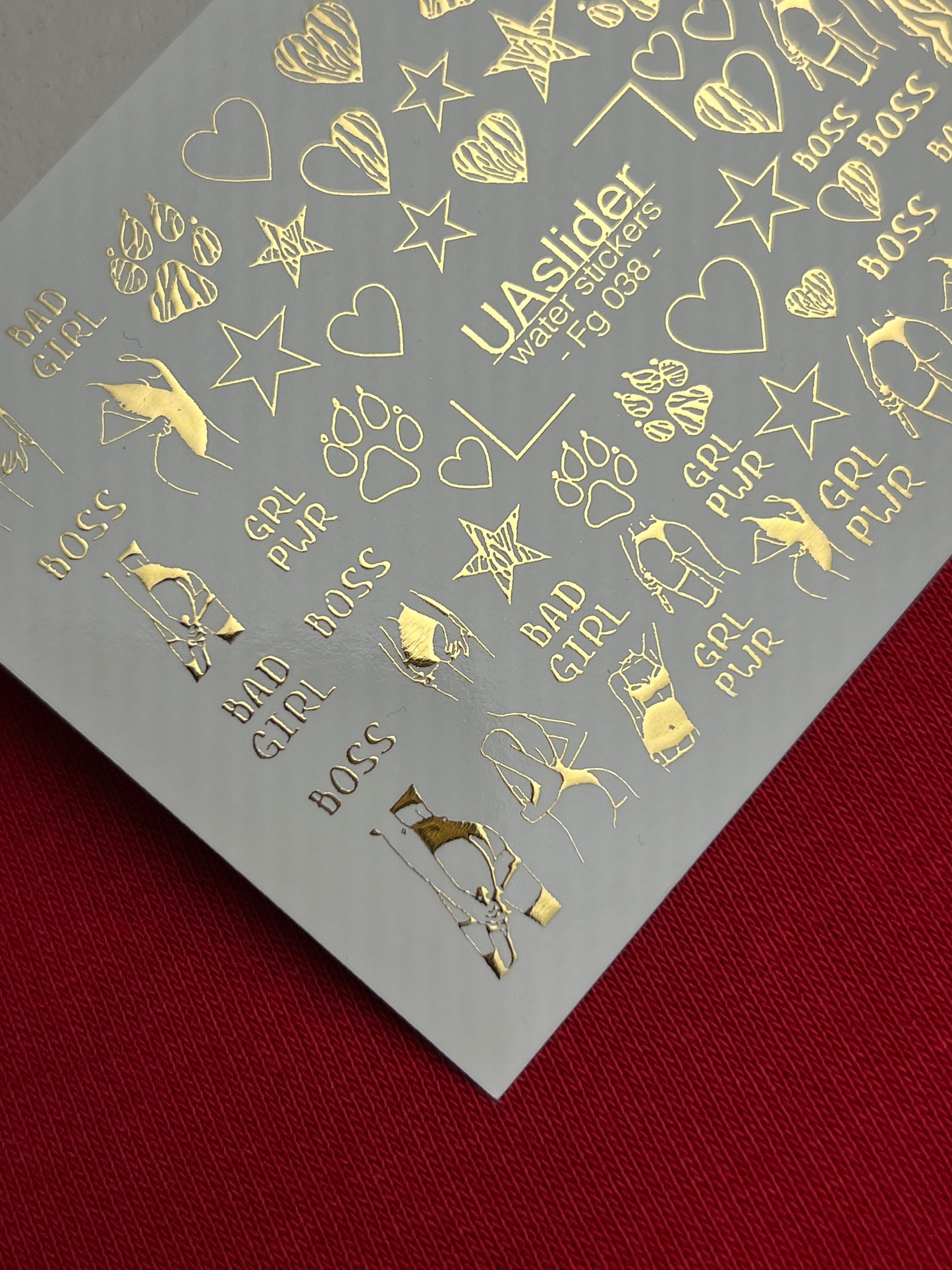 Nail Water Decal Fg-038 | Gold Water Slide Nail Decals with Boss & Girl Power Motifs | Bold Feminine Nail Art