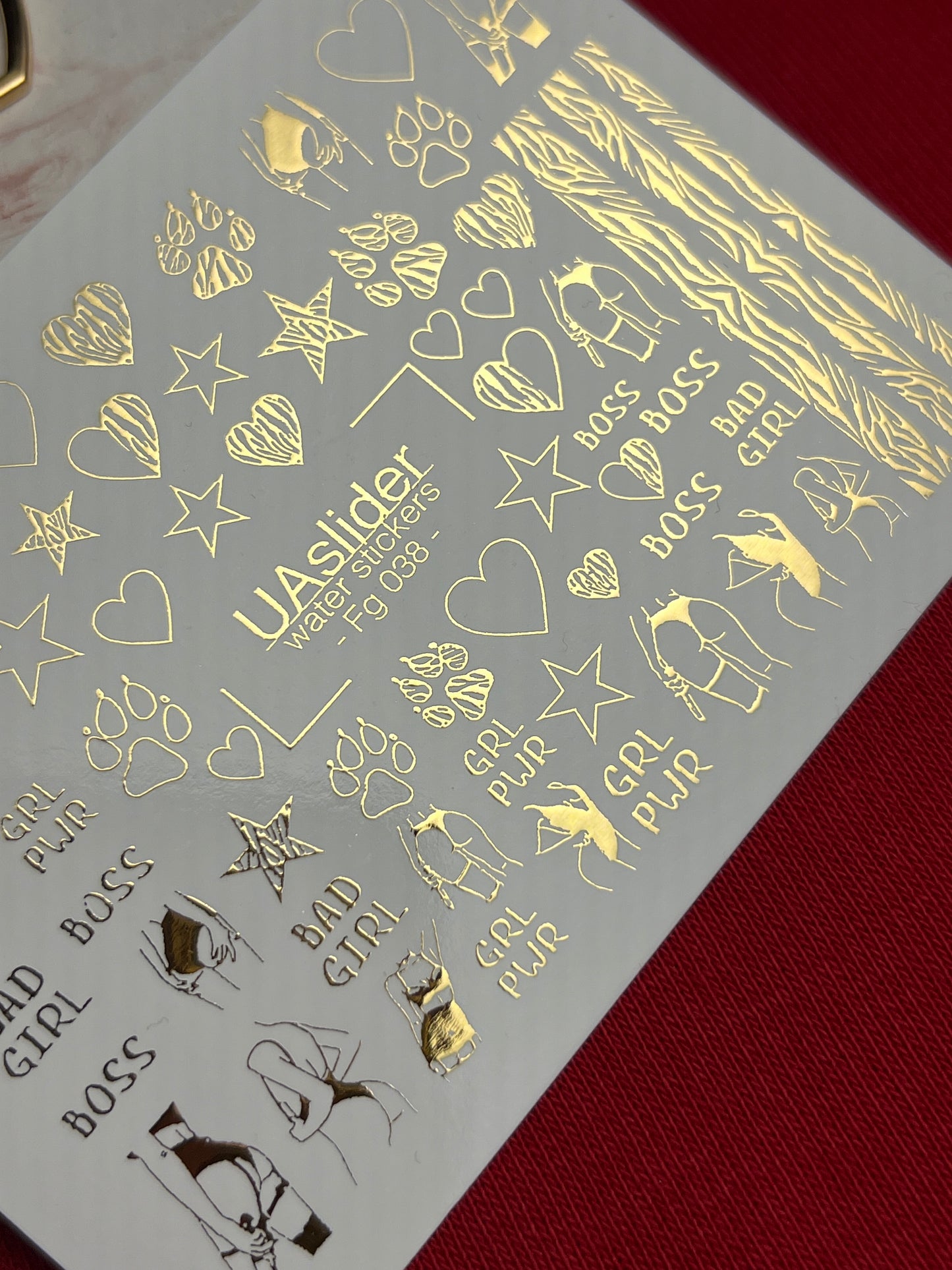 Nail Water Decal Fg-038 | Gold Water Slide Nail Decals with Boss & Girl Power Motifs | Bold Feminine Nail Art