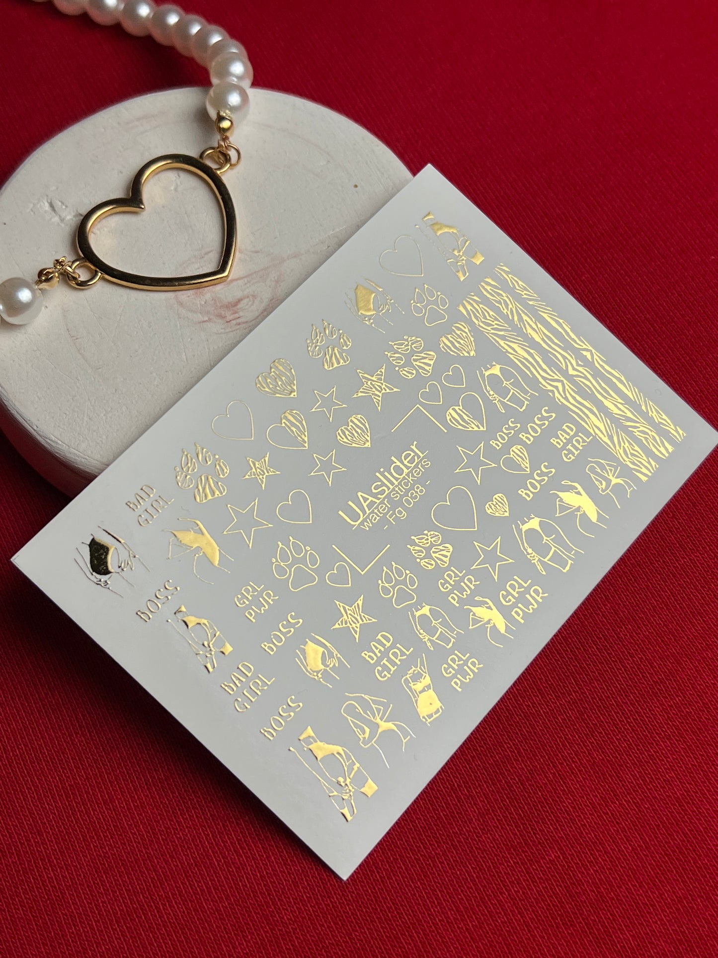 Nail Water Decal Fg-038 | Gold Water Slide Nail Decals with Boss & Girl Power Motifs | Bold Feminine Nail Art