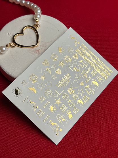 Nail Water Decal Fg-038 | Gold Water Slide Nail Decals with Boss & Girl Power Motifs | Bold Feminine Nail Art