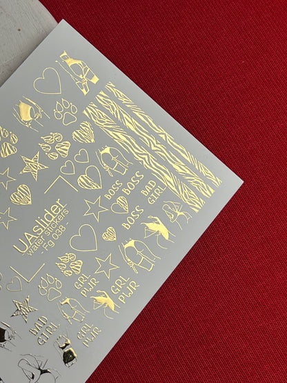 Nail Water Decal Fg-038 | Gold Water Slide Nail Decals with Boss & Girl Power Motifs | Bold Feminine Nail Art