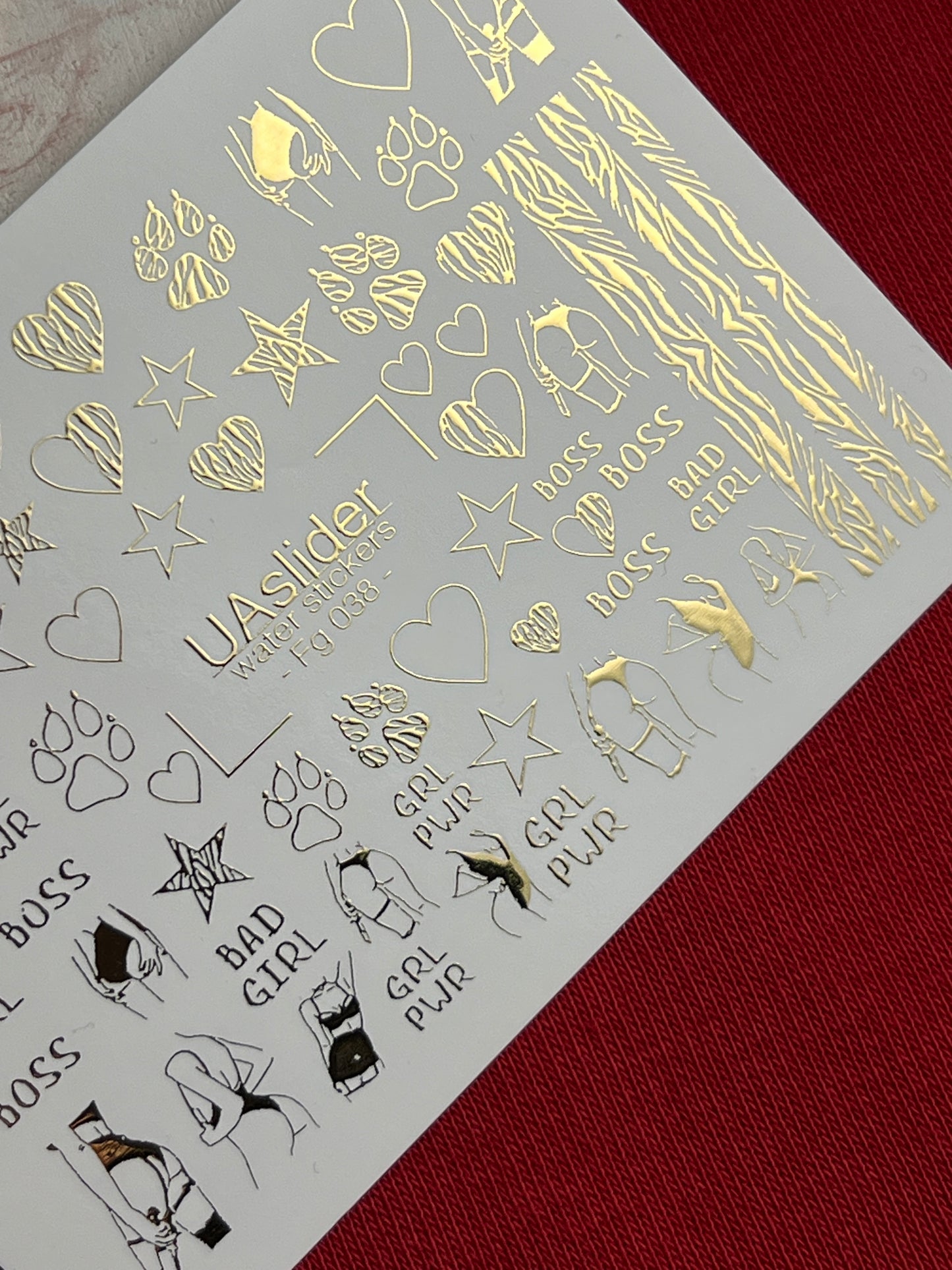 Nail Water Decal Fg-038 | Gold Water Slide Nail Decals with Boss & Girl Power Motifs | Bold Feminine Nail Art