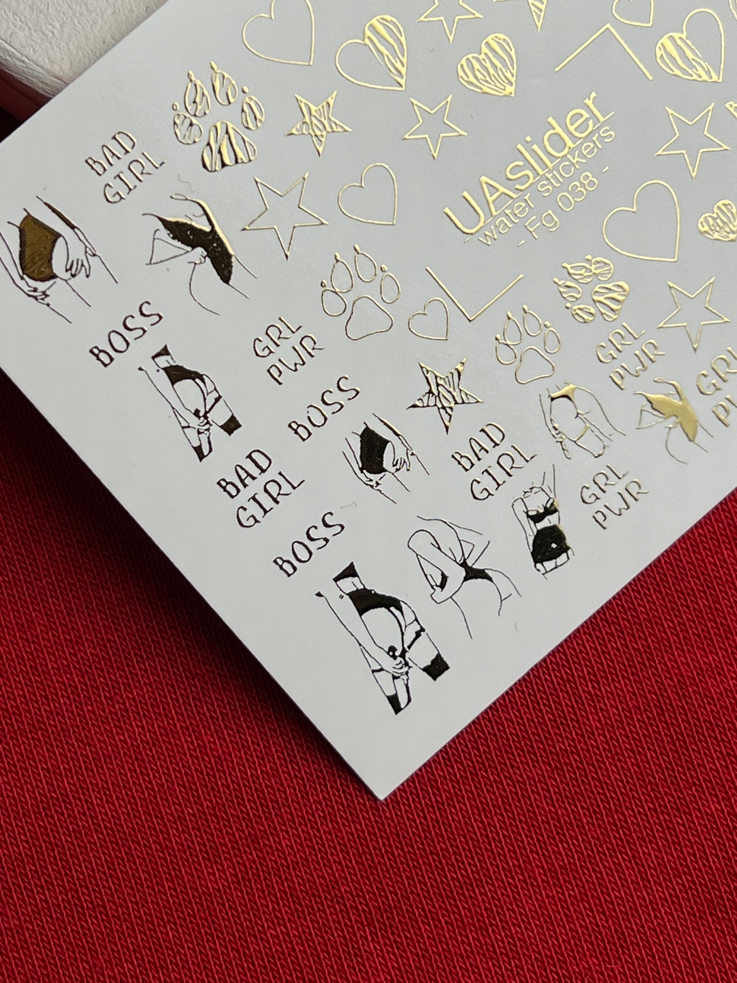 Nail Water Decal Fg-038 | Gold Water Slide Nail Decals with Boss & Girl Power Motifs | Bold Feminine Nail Art