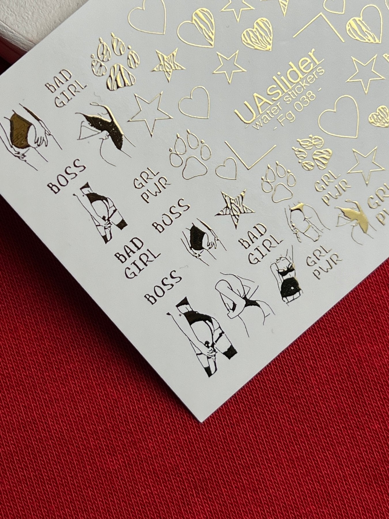 Nail Water Decal Fg-038 | Gold Water Slide Nail Decals with Boss & Girl Power Motifs | Bold Feminine Nail Art - UASLIDER