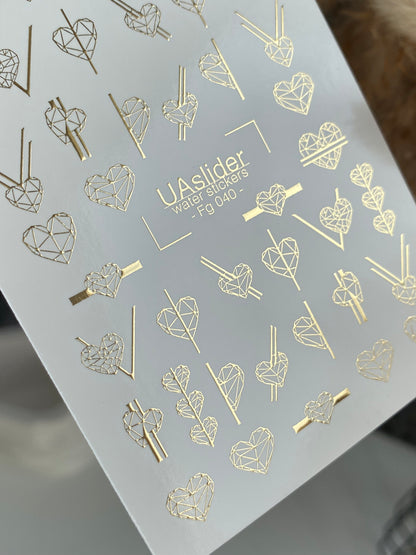 Nail Water Decal Fg-040 | Geometric Heart Water Slide Nail Decals | Gold Minimalist Nail Art