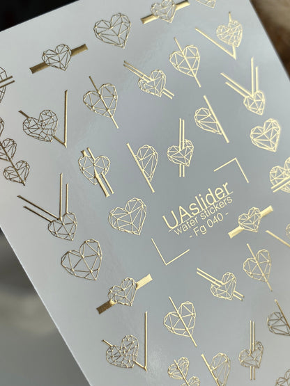 Nail Water Decal Fg-040 | Geometric Heart Water Slide Nail Decals | Gold Minimalist Nail Art