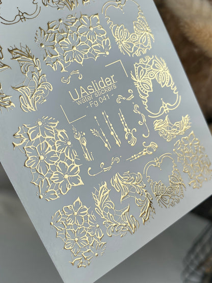 Nail Water Decal Fg-041 | Floral Water Slide Nail Decals | Gold Elegant Nail Art Designs