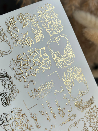 Nail Water Decal Fg-041 | Floral Water Slide Nail Decals | Gold Elegant Nail Art Designs