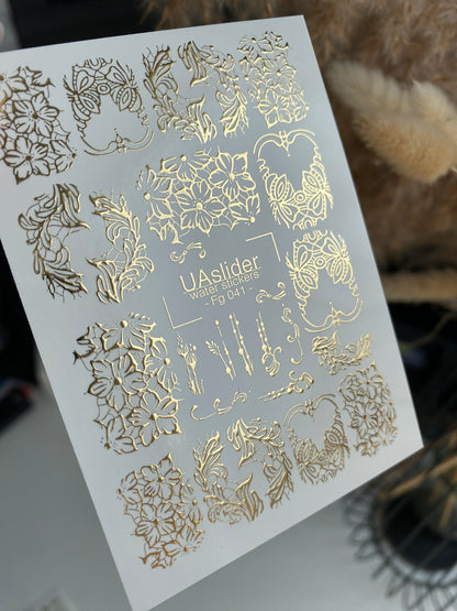 Nail Water Decal Fg-041 | Floral Water Slide Nail Decals | Gold Elegant Nail Art Designs