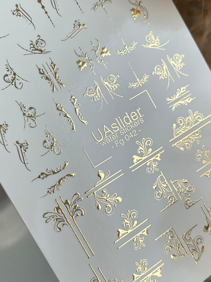 Nail Water Decal Fg-042 | Baroque Water Slide Nail Decals | Elegant Gold Ornamental Nail Art