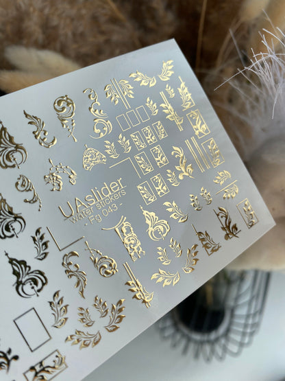 Nail Water Decal Fg-043 | Antique Water Slide Nail Decals | Gold Ornamental Frames and Swirls