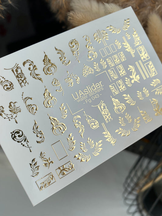 Nail Water Decal Fg-043 | Antique Water Slide Nail Decals | Gold Ornamental Frames and Swirls