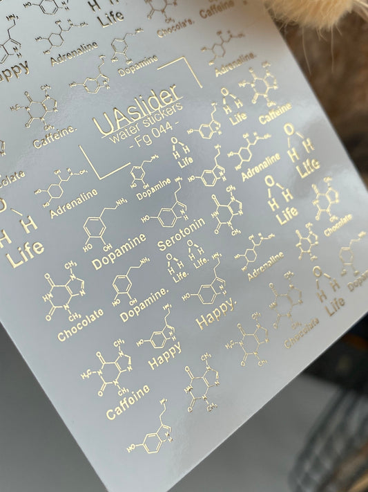 Nail Water Decal Fg-044 | Scientific Water Slide Nail Decals | Gold Molecules and Chemistry Designs