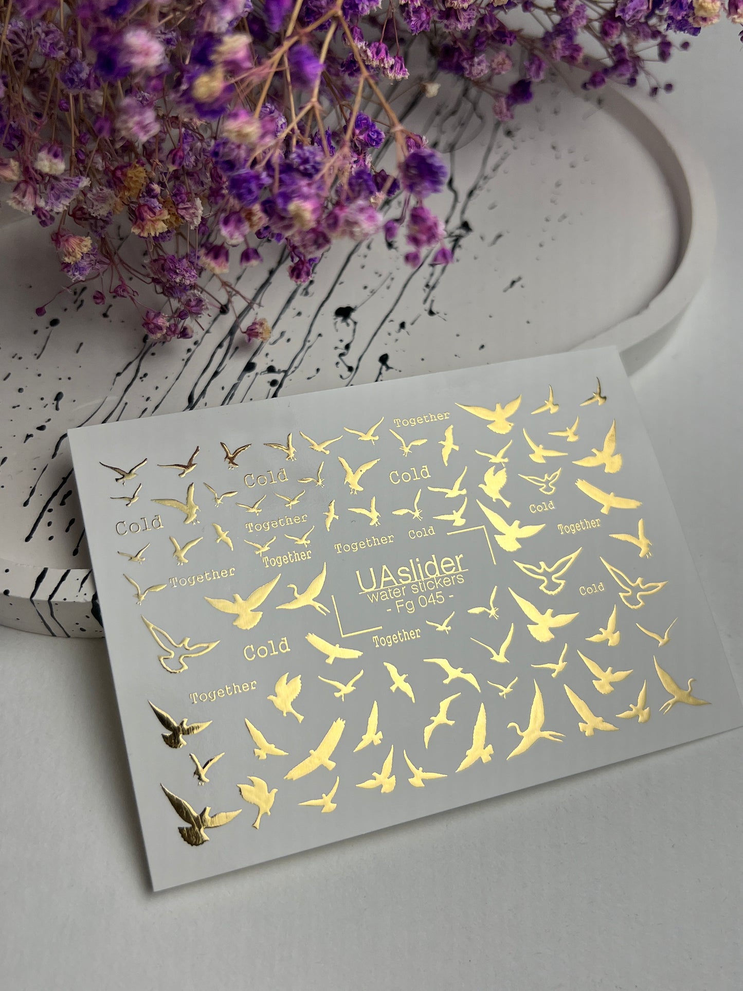 Nail Water Decal Fg-045 | Water Slide Nail Decals Birds | Gold Flying Birds and Minimalist Words