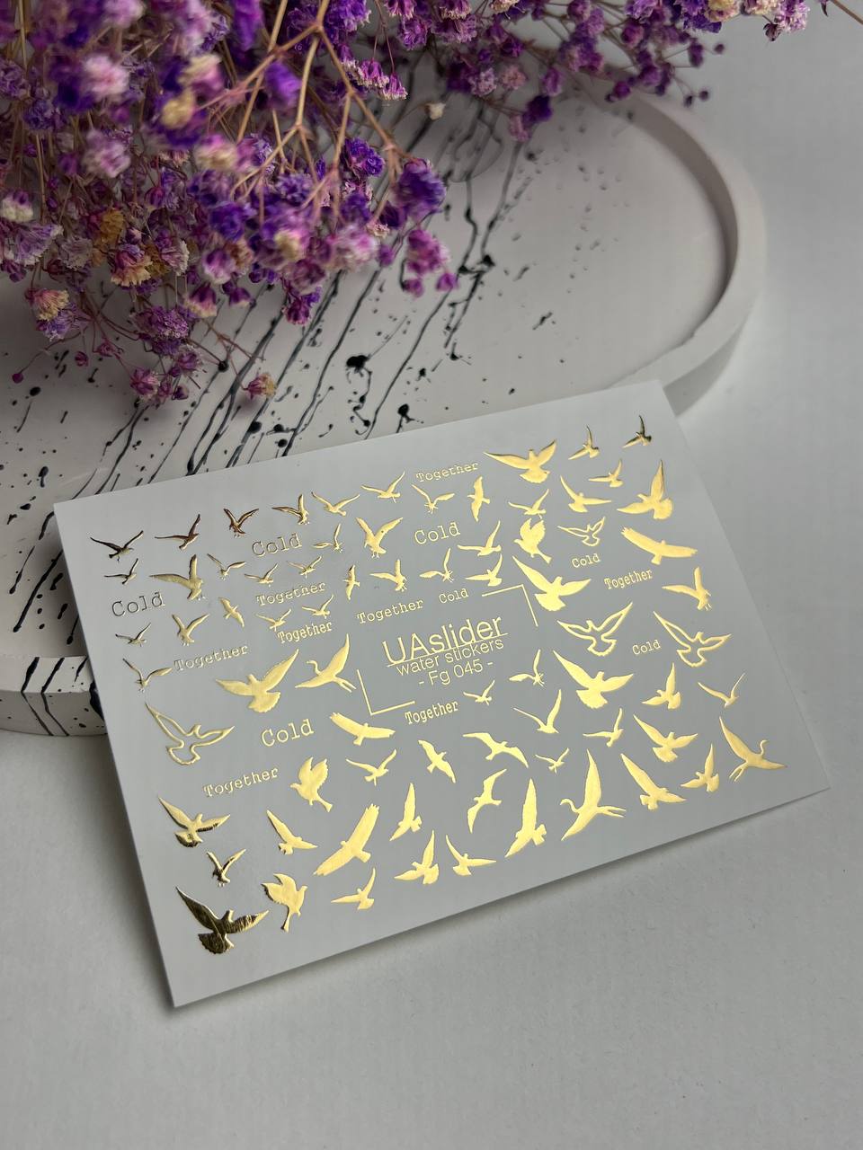 Nail Water Decal Fg-045 | Water Slide Nail Decals Birds | Gold Flying Birds and Minimalist Words