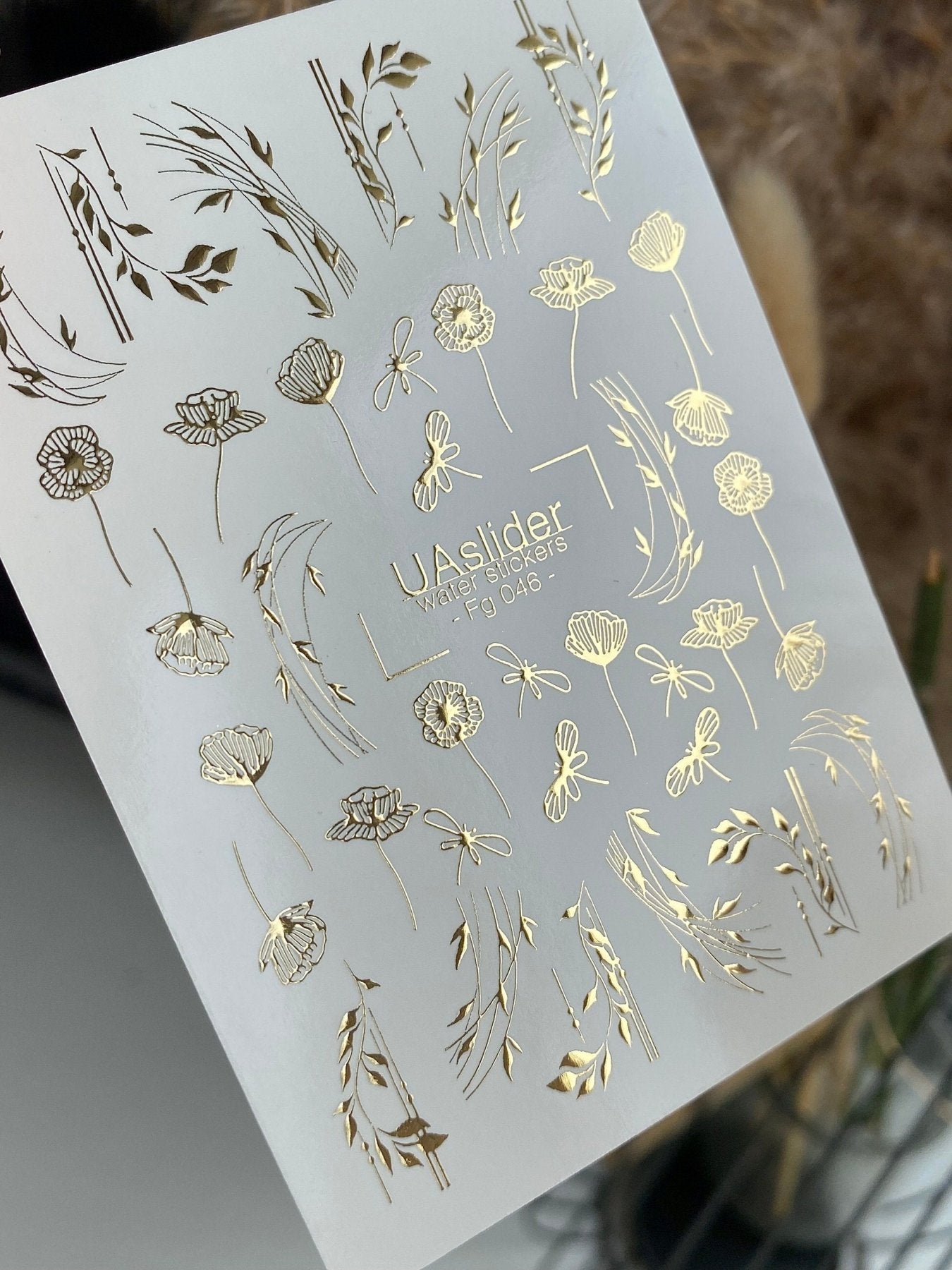 Nail Water Decal Fg-046 | Water Slide Nail Decals Wildflowers | Gold Floral Branches and Dragonflies - UASLIDER