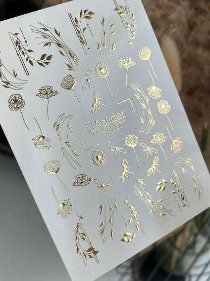 Nail Water Decal Fg-046 | Water Slide Nail Decals Wildflowers | Gold Floral Branches and Dragonflies