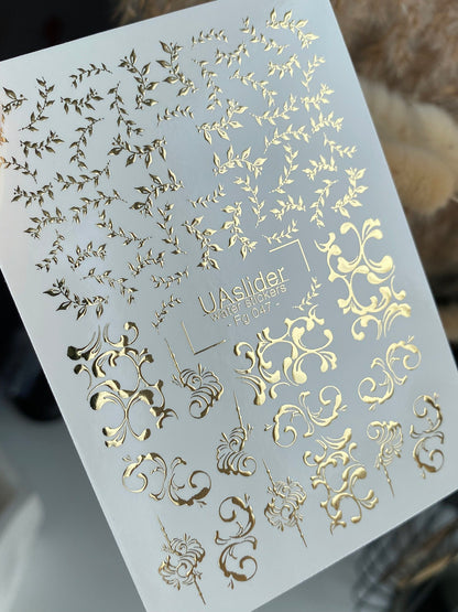 Nail Water Decal Fg-047 | Water Slide Nail Decals Golden Vines | Ornamental Leaves and Classic Swirls