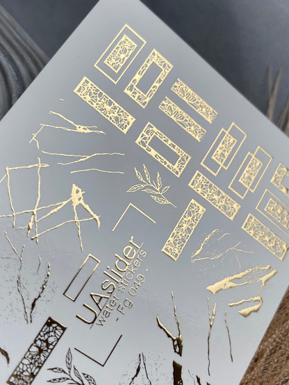 Nail Water Decal Fg-049 | Water Slide Nail Decals Geometric Gold | Rectangle Lace and Abstract Crack Design